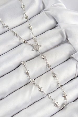 HEYF Pirinç Zirkon Taşlı Yıldız Model Gümüş Renk Y Kolye