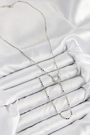 HEYF Pirinç Zirkon Taşlı Ezme Zincirli Kalp Model Gümüş Renk Y Kolye