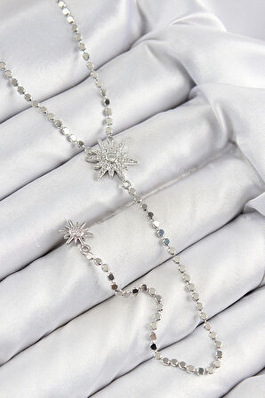 HEYF Pirinç Zirkon Taşlı Ezme Zincirli Kutup Yıldızı Model Gümüş Renk Y Kolye