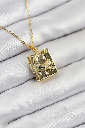 HEYF 316L Çelik Zirkon Taşlı Açılabilr Kapaklı Kitap Model Gold Renk Kadın Kolye