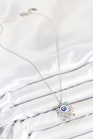 HEYF 316L Çelik Zirkon Taşlı Nazar Model Gümüş Renk Kadın Kolye