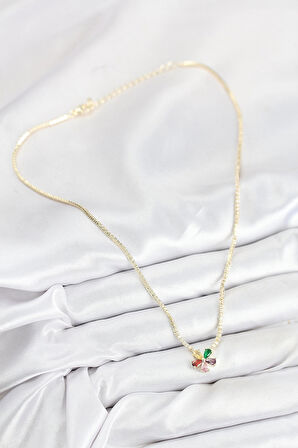 HEYF Pirinç Zirkon Taşlı Su Yolu Asorti Çiçek Model Gold Renk Kadın Kolye