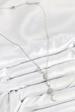 HEYF 316L Çelik Zirkon Taşlı Güneş Ve Ay Model Gümüş Renk Kadın Kolye