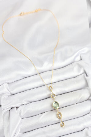 HEYF Pirinç Zincir Yeşil Gold Renk Zirkon Taşlı Y Kolye