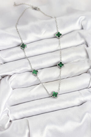 HEYF 316L Çelik Zincir Gümüş Renk Yeşil Baby Boy Yonca Kadın Kolye