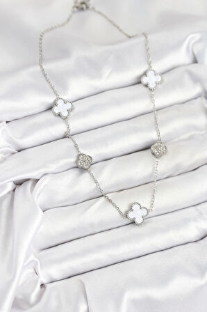 HEYF 316L Çelik Zincir Gümüş Renk Beyaz ve Zirkon Taşlı Yonca Kadın Kolye