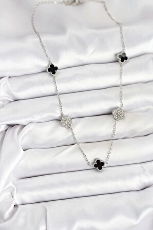 HEYF 316L Çelik Zincir Gümüş Renk Siyah ve Zirkon Taşlı Baby Boy Yonca Kadın Kolye