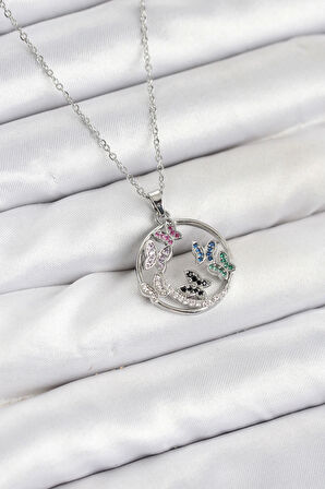 HEYF 316L Çelik Zincir Gümüş Renk Zirkon Taşlı Kelebekli Kadın Kolye