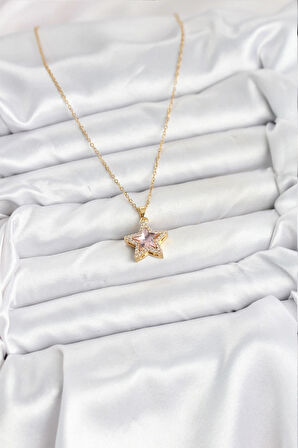 HEYF 316L Çelik Zincir Pembe Taşlı Yıldız Model Kadın Kolye