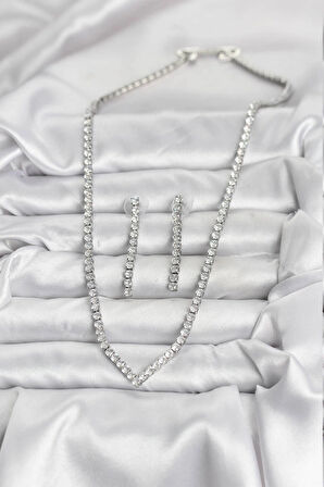 HEYF Gümüş Renk Zirkon Taşlı Kadın Kolye Küpe Seti