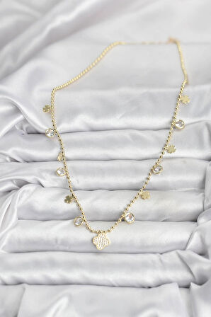 HEYF Pirinç Gold Renk Yonca Model Kadın Kolye