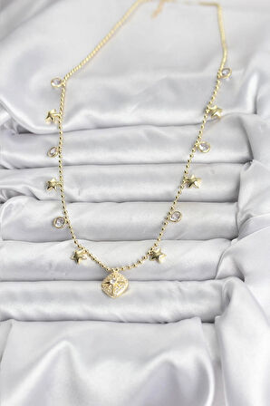 HEYF Pirinç Gold Renk Zirkon Taşlı Kutup Yıldızı Model Kadın Kolye