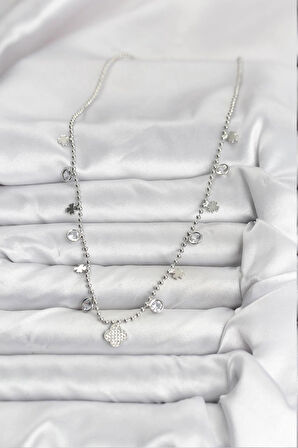 HEYF Pirinç Gümüş Renk Yonca Model Kadın Kolye