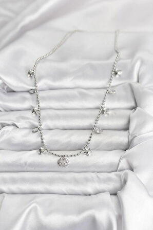 HEYF Pirinç Gümüş Renk Zirkon Taşlı Deniz Kabuğu Model Kadın Kolye