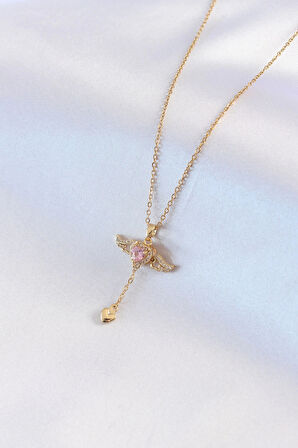 HEYF 316L Çelik Gold Renk Kanatlı Kalp Model Zirkon Taş Detay Kadın Kolye