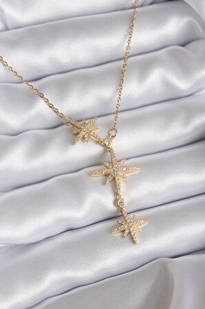 HEYF 316L Çelik Zincir Gold Renk Zirkon Taşlı Kutup Yıldızı Model Kadın Kolye