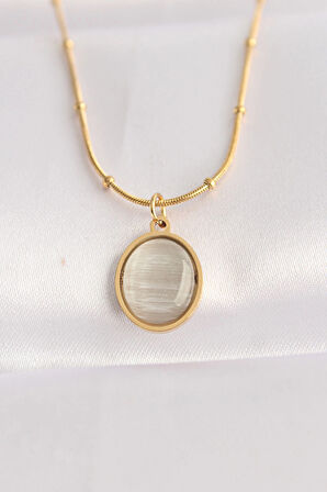 HEYF 316L Çelik Zincir Altın Renk Gri Sedefli Oval Figürlü Kolye