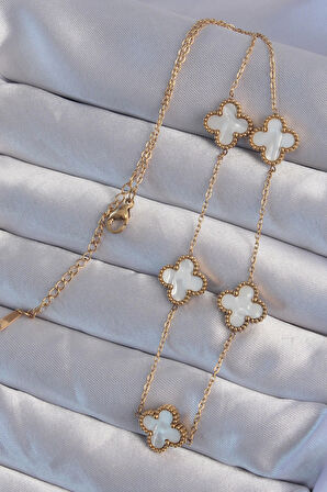 HEYF 316L Çelik Gold Renk Beyaz Sedefli Yonca Kolye