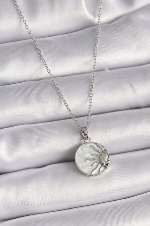 HEYF 316L Çelik Gümüş Renk Zincir Beyaz Sedefli Gün Batımı Model Kadın Kolye