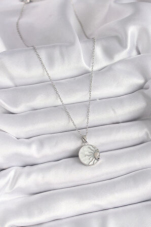 HEYF 316L Çelik Gümüş Renk Zincir Beyaz Sedefli Gün Batımı Model Kadın Kolye