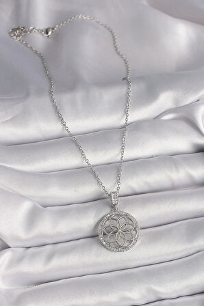 HEYF 316L Çelik Gümüş Renk Zincir Zirkon Taşlı Lotus Model Kadın Kolye