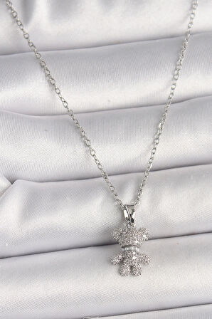 HEYF 316L Çelik Gümüş Renk Zincir Zirkon Taşlı Ayıcık Figür Kadın Kolye