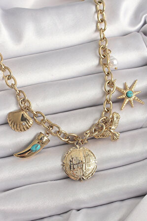 HEYF 316L Çelik Gold Renk Zincir Sallantılı Çoklu Figür Model Kadın Kolye