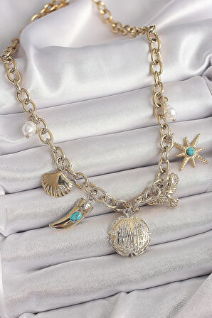 HEYF 316L Çelik Gold Renk Zincir Sallantılı Çoklu Figür Model Kadın Kolye