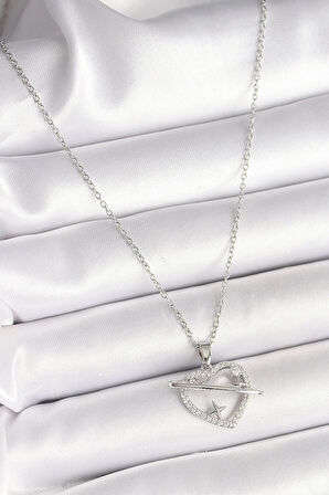 HEYF 316L Çelik Gümüş Renk Zincir Zirkon Taşlı Kalp Model Yıldız Detay Kadın Kolye