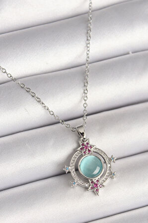 HEYF 316L Çelik Gümüş Renk Zincir Zirkon Taşlı Yıldız Detay Yeşil Sedefli Kadın Kolye