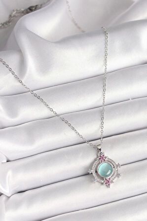 HEYF 316L Çelik Gümüş Renk Zincir Zirkon Taşlı Yıldız Detay Yeşil Sedefli Kadın Kolye