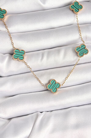 HEYF 316L Çelik Gold Renk Zincir Yeşil Yonca Model Kadın Kolye