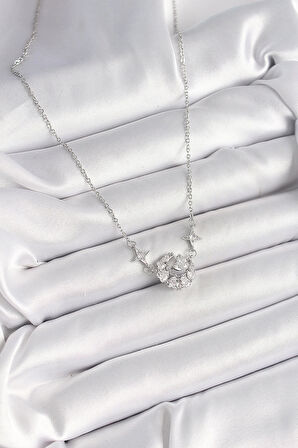 HEYF 316L Çelik Gümüş Renk Zirkon Taşlı Hilal Kalp Model Kadın Kolye