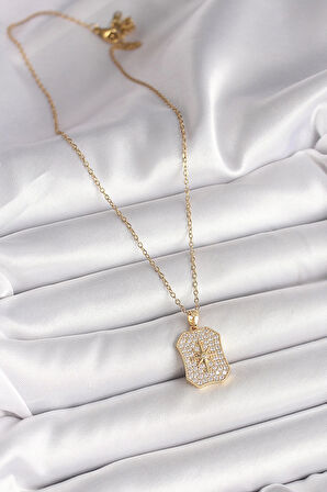 HEYF 316L Çelik Gold Renk Zincir Zirkon Taşlı Kutup Yıldız İşlemeli Madalyon Model Kadın Kolye