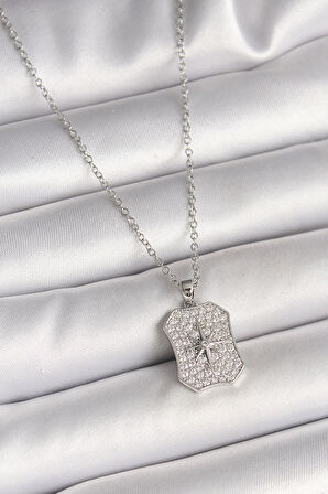 HEYF 316L Çelik Gümüş Renk Zincir Zirkon Taşlı Kutup Yıldız İşlemeli Madalyon Model Kadın Kolye