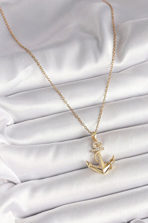 HEYF 316L Çelik Gold Renk Zincir Zirkon Taş Detaylı Çapa Model Kadın Kolye