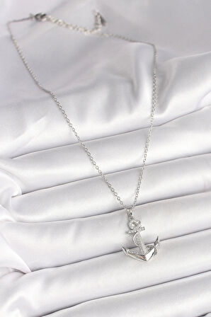 HEYF 316L Çelik Gümüş Renk Zincir Zirkon Taş Detaylı Çapa Model Kadın Kolye