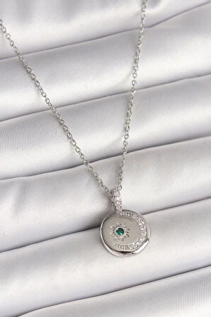 HEYF 316L Çelik Gümüş Renk Zincir Madalyon Zirkon Taşlı İşlemeli Hilal Yıldız Model Kadın Kolye