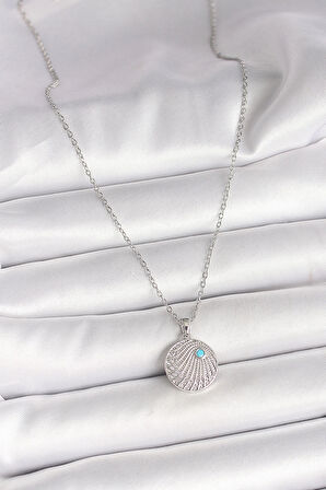 HEYF 316L Çelik Gümüş Renk Zincir Zirkon Taşlı Mavi Taş Detaylı Madalyon Model Kadın Kolye