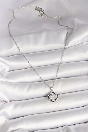 HEYF 316L Çelik Gümüş Renk Zincir Zirkon Taşlı Yonca Model Kadın Kolye