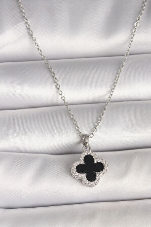 HEYF 316L Çelik Gümüş Renk Zincir Zirkon Taşlı Yonca Model Kadın Kolye