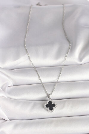 HEYF 316L Çelik Gümüş Renk Zincir Zirkon Taşlı Yonca Model Kadın Kolye