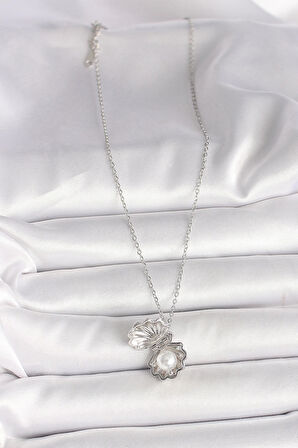 HEYF 316L Çelik Gümüş Renk Zincir Açılır İncili Midye Model Kadın Kolye