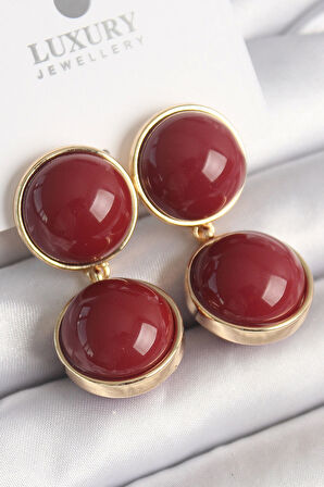 HEYF Pirinç Gold Renk Sallantı Bordo Daire Model Kadın Küpe