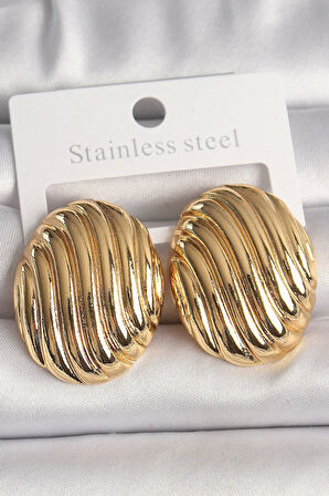 HEYF Pirinç Gold Renk İşlemeli Oval Model Kadın Küpe