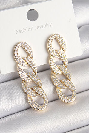 HEYF Pirinç Gold Renk Zirkon Taşlı Zincir Model Kadın Küpe