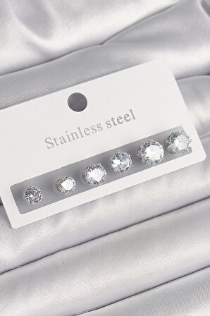 HEYF 316L Çelik Gümüş Renk Zirkon Taşlı Kadın Küpe Seti