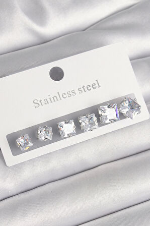 HEYF 316L Çelik Gümüş Renk Kare Zirkon Taşlı Kadın Küpe Seti