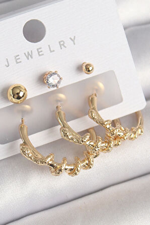 HEYF Pirinç Gold Renk Sarmal Yılan Halka Model Zirkon Taşlı Topçuk Detay Kadın Küpe Seti