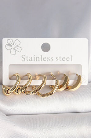 HEYF 316L Çelik Gold Renk Altıgen Halka Model Kadın Küpe Seti